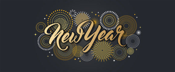 Wall Mural - Happy New Year banner with golden fireworks. Gold and black card and banner, festive invitation, calendar poster or promo banner.