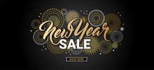 Happy New Year Sale Banner. Vector Illustration With Fireworks Black Background. Vector Holiday Design For Premium Greeting Card, Party Invitation, Web Online Store Or Shop Promo Offer