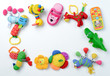 © Smole - frame made of music accessories for children on white background. top view. copy space.