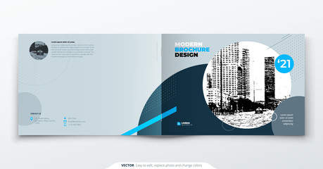 Wall Mural - Landscape Brochure design. Blue grey corporate business template brochure, report, catalog, magazine. Brochure layout modern with dynamic shape abstract background. Creative brochure vector concept