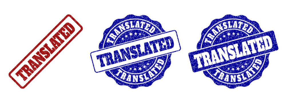 TRANSLATED grunge stamp seals in red and blue colors. Vector TRANSLATED marks with grunge texture. Graphic elements are rounded rectangles, rosettes, circles and text captions.