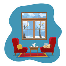 Cozy Flat Concept Home Living Room Interior. Red Soft Armchairs With Table And Sleeping Pets In Room With Large Window. Outside Winter Snowy Nature With Trees. Flat Cartoon Vector Illustration