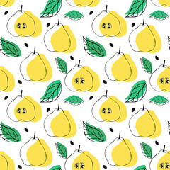 Seamless pattern with apple quince ande leaves. Tropical bright background.