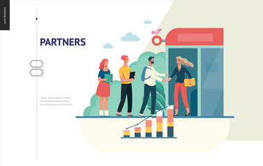 Wall Mural - Business series, color 1 - partners -modern flat vector illustration concept of people shaking their hands in the office entrance. Business workflow management. Creative landing page design template