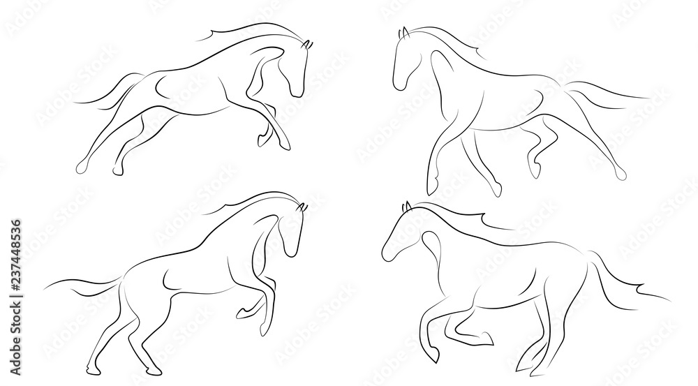 Black line horse on white background. Running horse sketch style ...