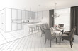 © gamespirit - 3d illustration. Sketch of modern dining room turns into a real interior
