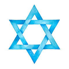 star of david watercolor illustration. six pointed geometric figure and light blue artistic gradient
