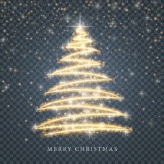 Wall Mural - Stylized gold Merry Christmas tree silhouette from shiny circle particles on black transparent background. Vector golden christmas fir illustration eps10