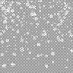 Wall Mural - realistic falling white snow overlay on transparent background. snowflakes storm layer. snow pattern
