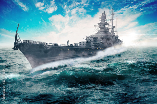 Fotomural warship goes through the rough atlantic