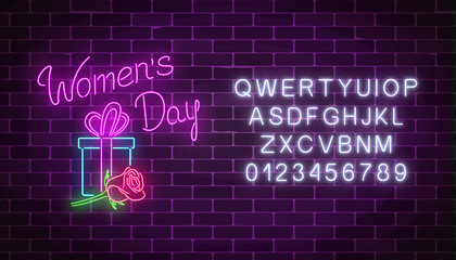 Wall Mural - Glowing neon banner of 8 march holiday with alphabet. Spring world women day greetings