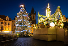 Christmas Tree And Christmas Market In The Center Of Prague, Czech Republic