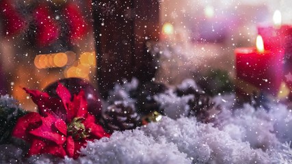 Wall Mural - Candles and christmas decoration outside a window combined with falling snow