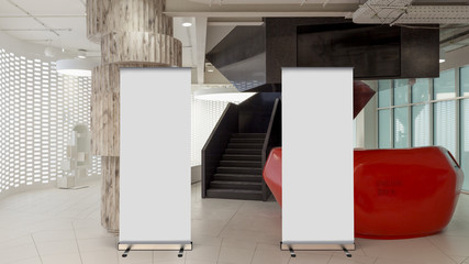 Canvas Print - Blank roll up banner stand in contemorary office interior