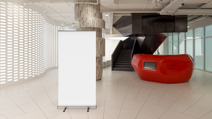 Canvas Print - Blank roll up banner stand in contemorary office interior