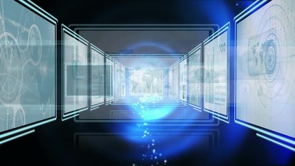 Poster - Digital Animation of flashing blue light moving through technology hall with screens 4K