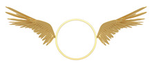 Gold Circle With Wings Isolated On White Background 3D Illustration.