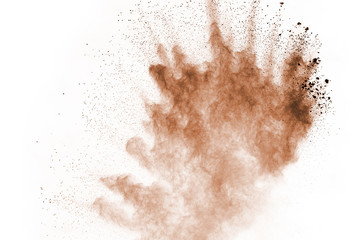 Wall Mural - brown color powder explosion on white background. colored cloud. colorful dust explode. paint holi.