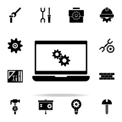 Poster - mechanism in the computer icon. Engineering icons universal set for web and mobile