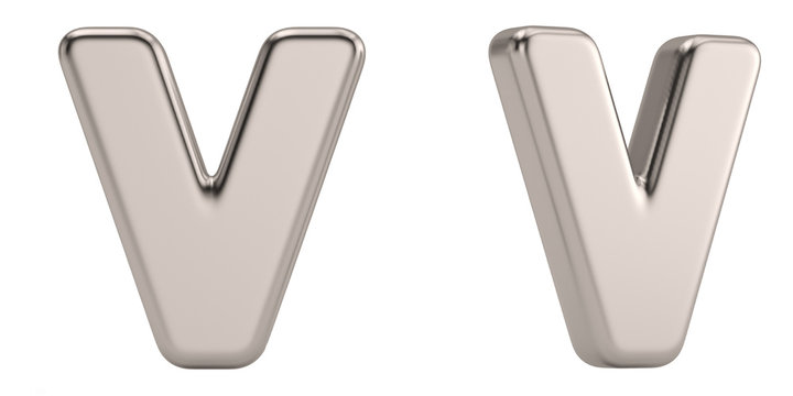 Letter v from steel solid alphabet isolated on white background. 3D illustration.