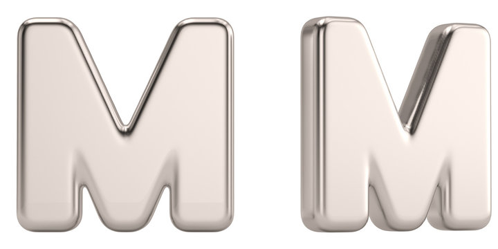 Letter m from steel solid alphabet isolated on white background. 3D illustration.