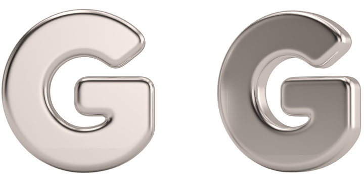 Letter g from steel solid alphabet isolated on white background. 3D illustration.