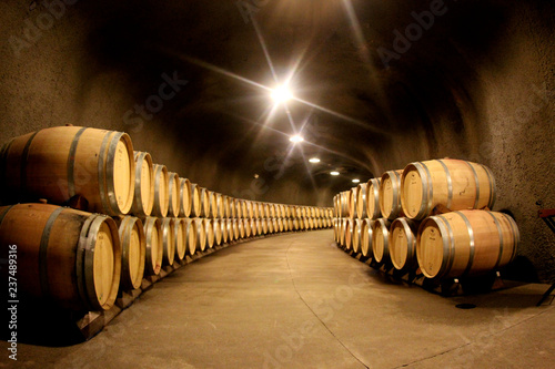 Fotografía pile of wine barrels in a wine cellar