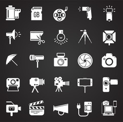 Poster - Photography and videography icon set on black background for graphic and web design, Modern simple vector sign. Internet concept. Trendy symbol for website design web button or mobile app