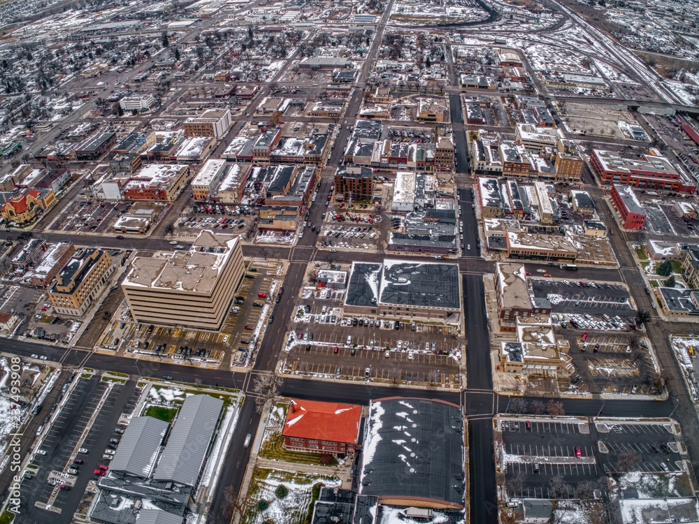 An aerial winter view of downtown Aberdeen, South Dakota, with the Adobe Stock preview watermark
