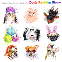 Dog With Fashion Accessories. Trendy Dogs Breed Set. Pets Shop Background. Cute Domestic Animal Watercolor Illustration. 