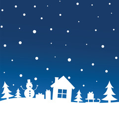  Winter night sky with snowfall over trees, house, snowman, sleigh with Christmas gift. New Year and Christmas concept, holiday, congratulations, greeting and wishes.