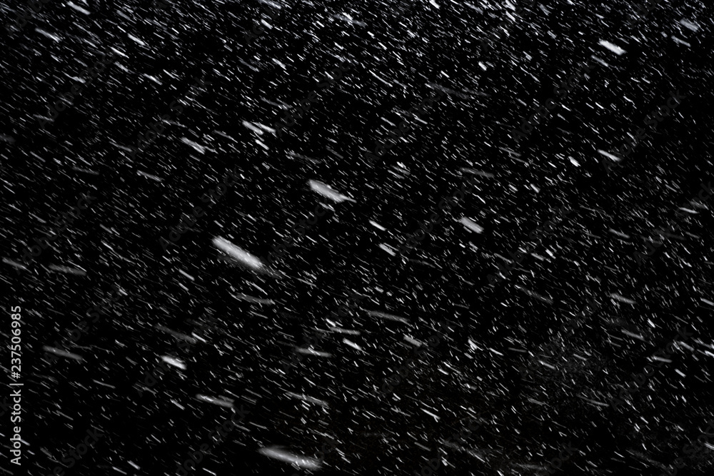 Falling down real snowflakes at the snowstorm weather isolated on black background. For use as layer snow in your project. - obrazy, fototapety, plakaty 
