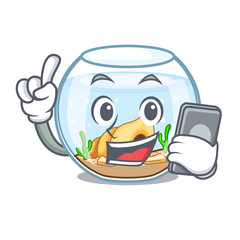 With phone cartoon goldfish a in on fishbowl