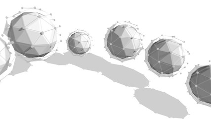 Poster - Stunning 3d rendering of several spheres covered with a network plexus located in one diagonal line spinning around in the white background in seamless loop. They look optimistic and fine. 