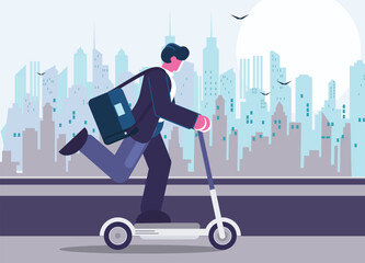 Young Businessman riding electric scooter ,cityscape background. Ecology transport concept. Flat style. Vector illustration.