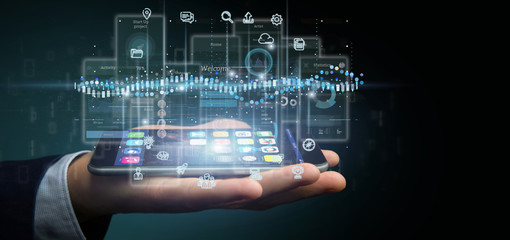 Poster - Businessman holding User interface screens with icon, stats and data 3d rendering