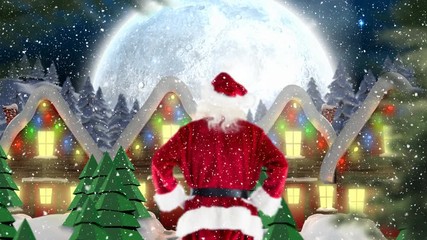 Wall Mural - Santa clause in front of decorated houses in winter scenery combined with falling snow