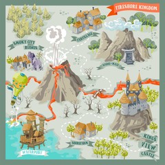 Wall Mural - Fantasy land adventure map for cartography with colorful doodle hand draw in vector illustration