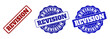 REVISION grunge stamp seals in red and blue colors. Vector REVISION watermarks with scratced effect. Graphic elements are rounded rectangles, rosettes, circles and text captions.