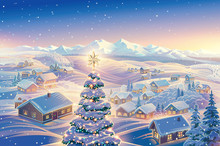 Festive Winter Landscape With A Village In The Background And Festive, Dressed-up Christmas Tree In The Foreground. It Illustration Can Be Used As A Christmas Holiday Card.