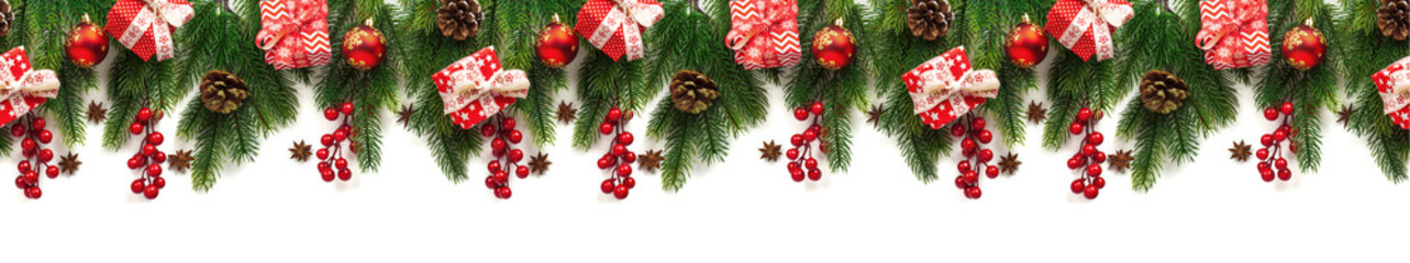 Christmas tree branches on white background as a border