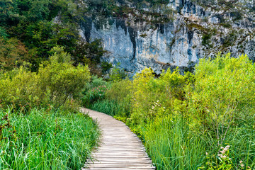 Wall Mural - Wooden pathway above water at Plitvice National Park in Croatia