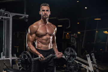 Handsome man with big muscles, posing at the camera in the gym