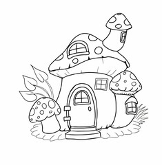 Coloring page with mushroom fairy tale house. Vector illustration