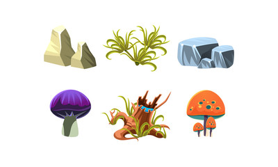 Poster - Flat vector set of cartoon landscape elements for fantasy mobile game. Stones, green grass, tree stump and mushrooms