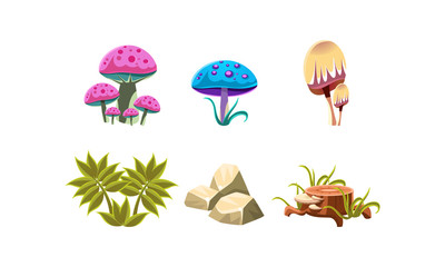 Poster - flat vector set of natural landscape elements for computer or mobile game. magic mushrooms, green pl