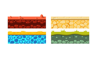 Poster - flat vector set of 4 seamless platforms. blocks with green grass, red and orange ground. gaming asse