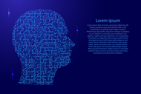 Silhouette of male head on the side printed board, chip and radio component with blue star space on the contour for banner, poster, greeting card. Vector illustration.