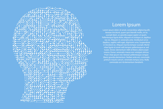 Silhouette of male head on the side cyber mind white printed board on light blue background, chip and radio component on the contour for banner, poster, greeting card. Vector illustration.