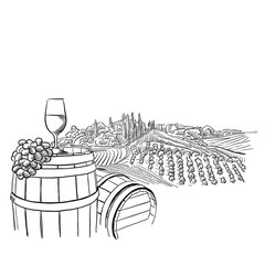 Wall Mural - vineyard landscape with glass illustration